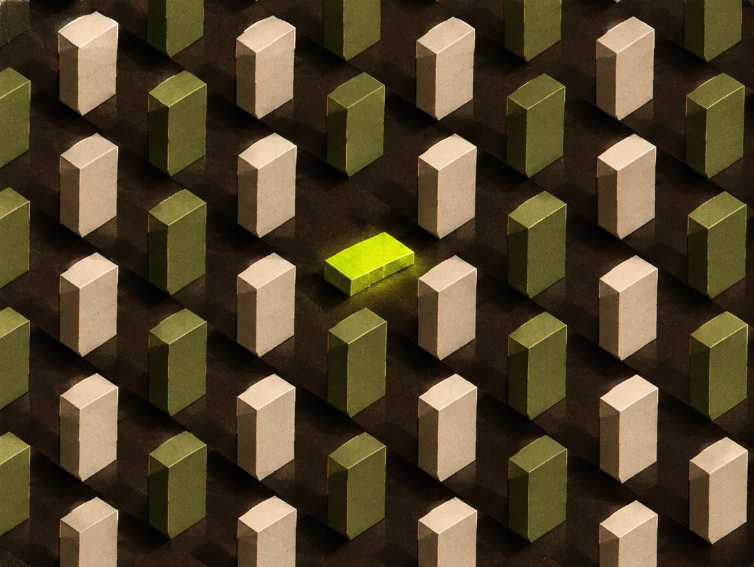 a grid of standing blocks with one collapsed flat